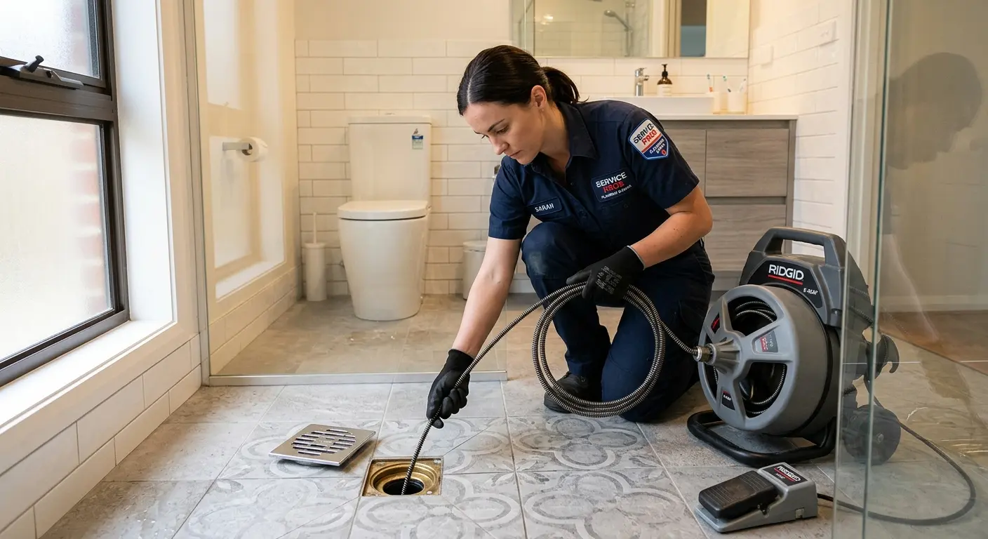 Technician clearing a bathroom floor drain for Drain Cleaning in Magnolia